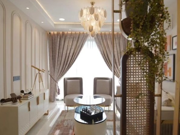 Spacious 2046 sq ft living area in 3BHK Mohali flat with false ceiling lighting