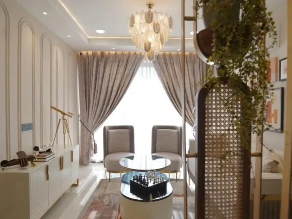 Spacious 2046 sq ft living area in 3BHK Mohali flat with false ceiling lighting