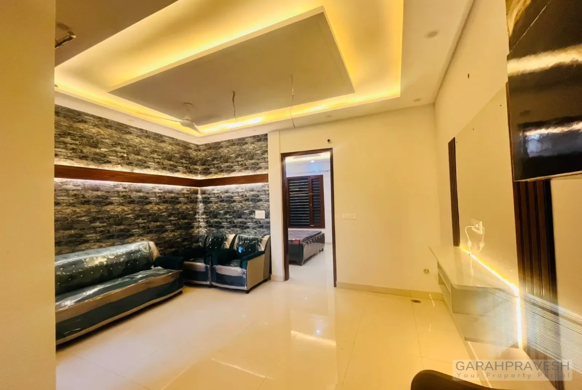 Bright and airy living room with stylish wallpaper and wooden finishes