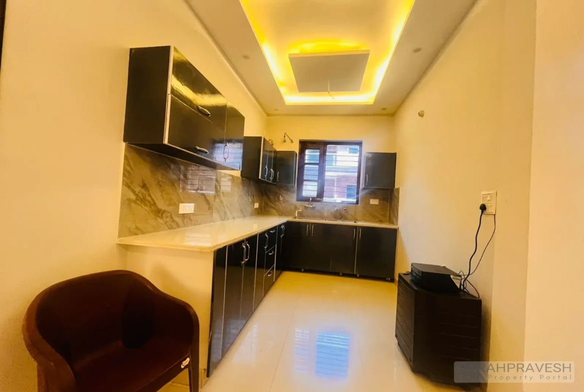 Contemporary modular kitchen with sleek wooden cabinetry and modern fittings
