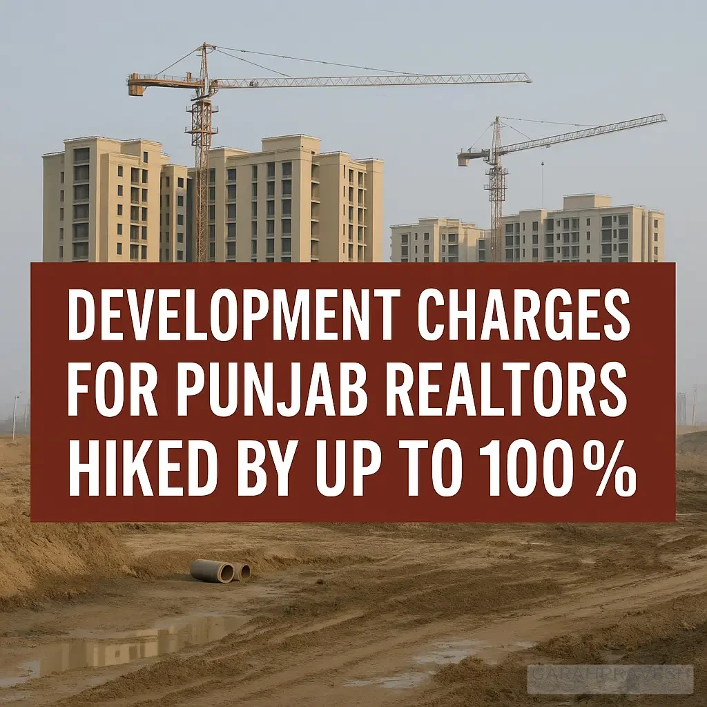 Banner image showing high-rise buildings under construction with cranes in Punjab, highlighting the 100% hike in development charges for real estate promoters.