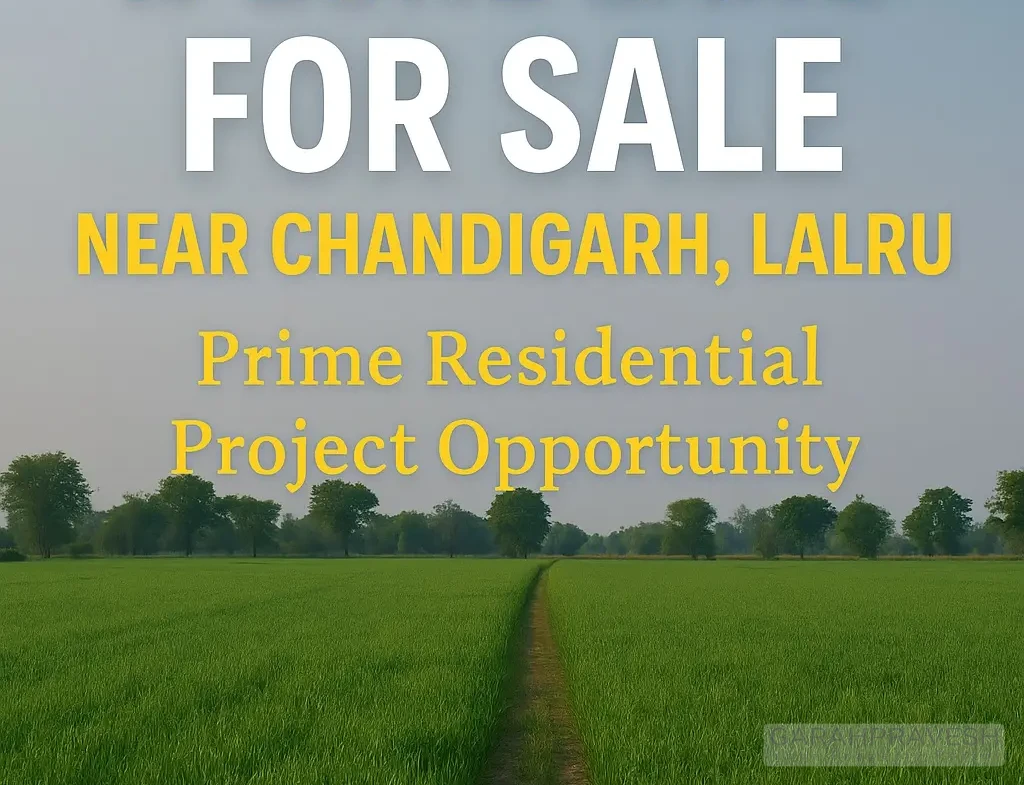 R-Zone land for sale near Chandigarh in Lalru, ideal for residential projects, with contact info and green field background.