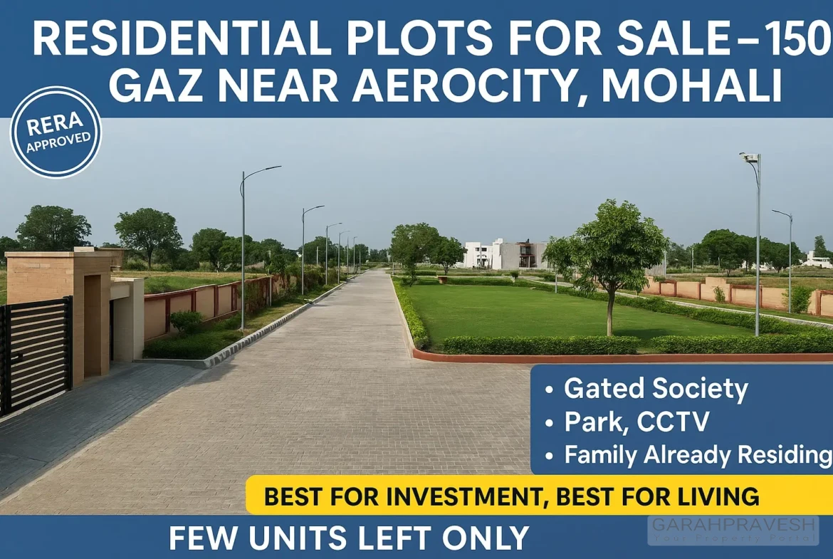 Residential plots for sale – 150 gaz near Aerocity Mohali, RERA approved gated society with park, CCTV, and families already residing.