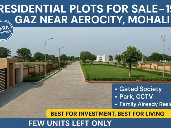 Residential plots for sale – 150 gaz near Aerocity Mohali, RERA approved gated society with park, CCTV, and families already residing.