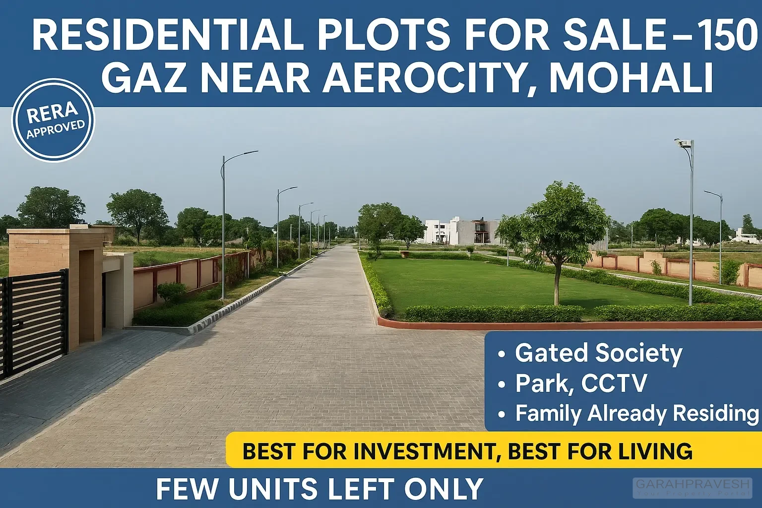 Residential plots for sale – 150 gaz near Aerocity Mohali, RERA approved gated society with park, CCTV, and families already residing.