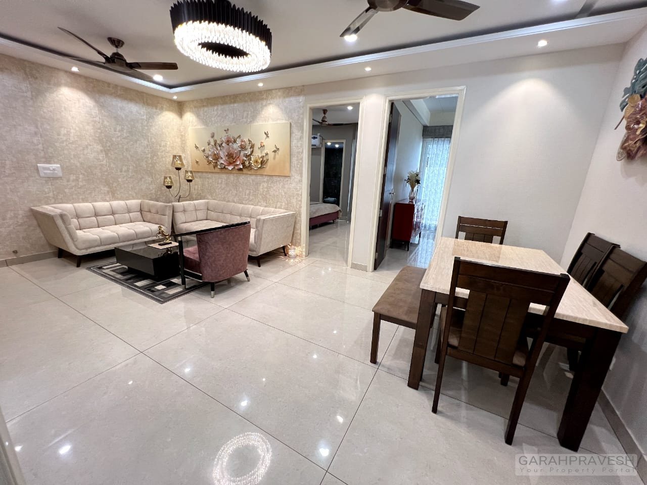 Fully furnished 3BHK designer flat for sale in Zirakpur with brand new furniture, lift access, modular kitchen, and spacious layout in a gated society near Patiala Road.