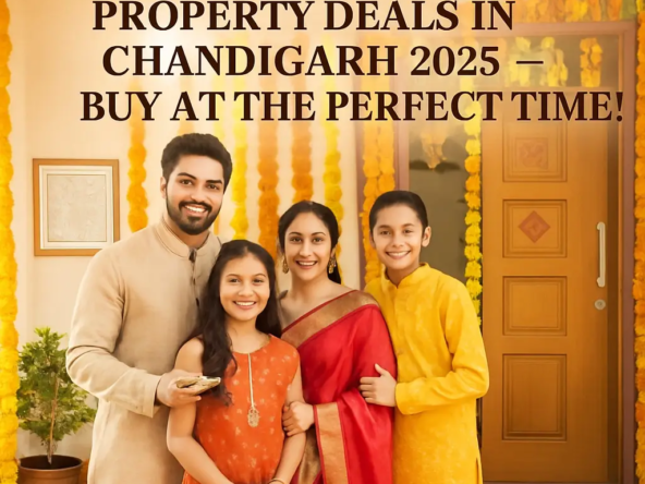 Indian family celebrating Griha Pravesh in front of new home decorated with marigold flowers and rangoli during auspicious property investment season in Chandigarh, with overlay text “Unlock Auspicious Property Deals in Chandigarh 2025 — Buy At The Perfect Time!”
