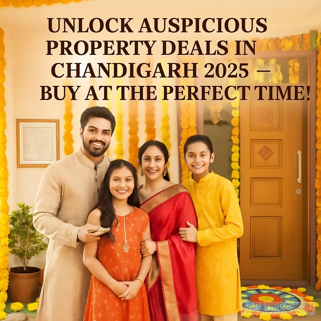 Indian family celebrating Griha Pravesh in front of new home decorated with marigold flowers and rangoli during auspicious property investment season in Chandigarh, with overlay text “Unlock Auspicious Property Deals in Chandigarh 2025 — Buy At The Perfect Time!”