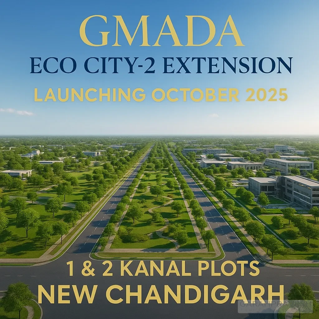 GMADA Eco City-2 Extension township in New Chandigarh, showcasing residential and commercial plots, green parks, and modern infrastructure, launching October 2025