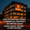 Modern pre-leased commercial property on Airport Road, Mohali Zirakpur with premium brewery tenant, highlighted with bold text 'High-Return Pre-Leased Commercial Property on Airport Road – Invest Smart, Secure Steady Income!'