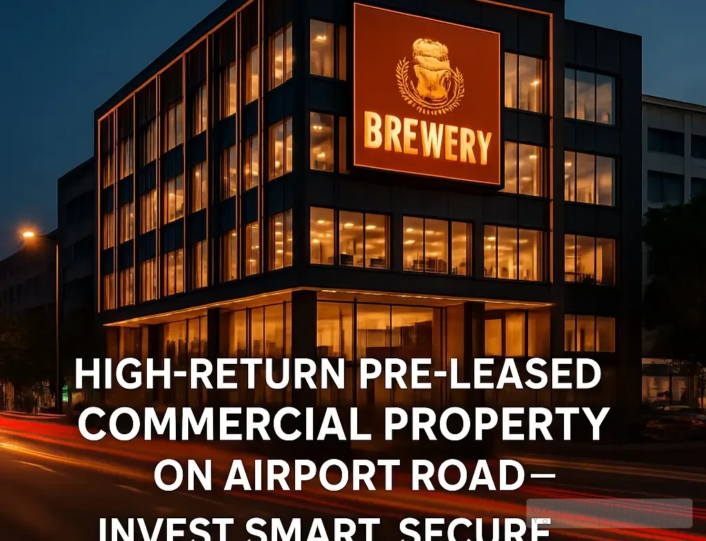 Modern pre-leased commercial property on Airport Road, Mohali Zirakpur with premium brewery tenant, highlighted with bold text 'High-Return Pre-Leased Commercial Property on Airport Road – Invest Smart, Secure Steady Income!'