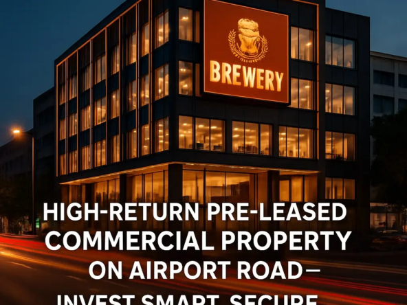 Modern pre-leased commercial property on Airport Road, Mohali Zirakpur with premium brewery tenant, highlighted with bold text 'High-Return Pre-Leased Commercial Property on Airport Road – Invest Smart, Secure Steady Income!'