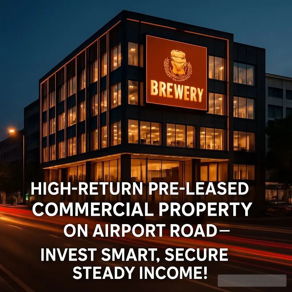 Modern pre-leased commercial property on Airport Road, Mohali Zirakpur with premium brewery tenant, highlighted with bold text 'High-Return Pre-Leased Commercial Property on Airport Road – Invest Smart, Secure Steady Income!'