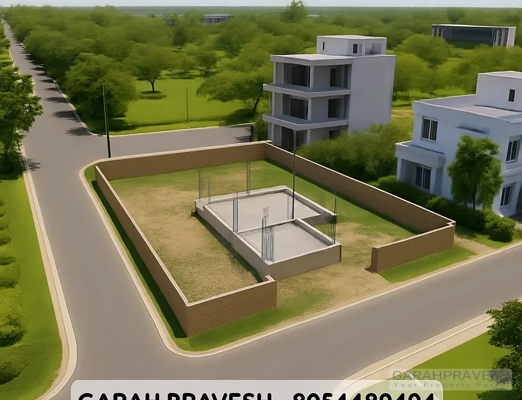 Aerial view of a 10 Marla residential plot in Aerocity Mohali H Block with greenery and modern infrastructure, featuring bold text overlay "10 Marla Plot | Aerocity Mohali