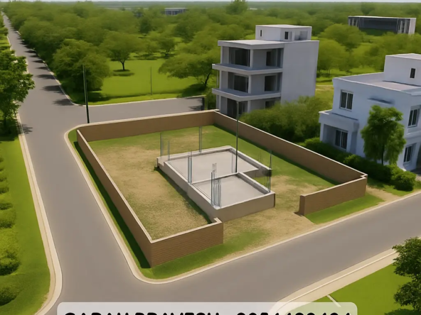Aerial view of a 10 Marla residential plot in Aerocity Mohali H Block with greenery and modern infrastructure, featuring bold text overlay "10 Marla Plot | Aerocity Mohali