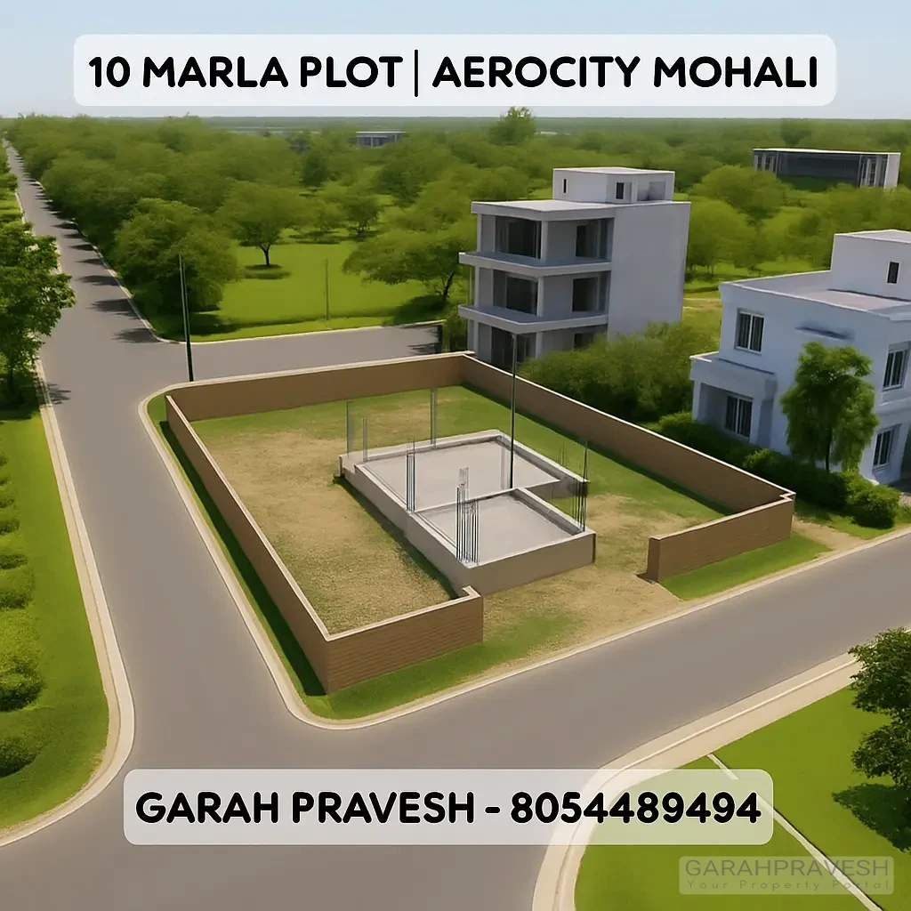 Aerial view of a 10 Marla residential plot in Aerocity Mohali H Block with greenery and modern infrastructure, featuring bold text overlay "10 Marla Plot | Aerocity Mohali