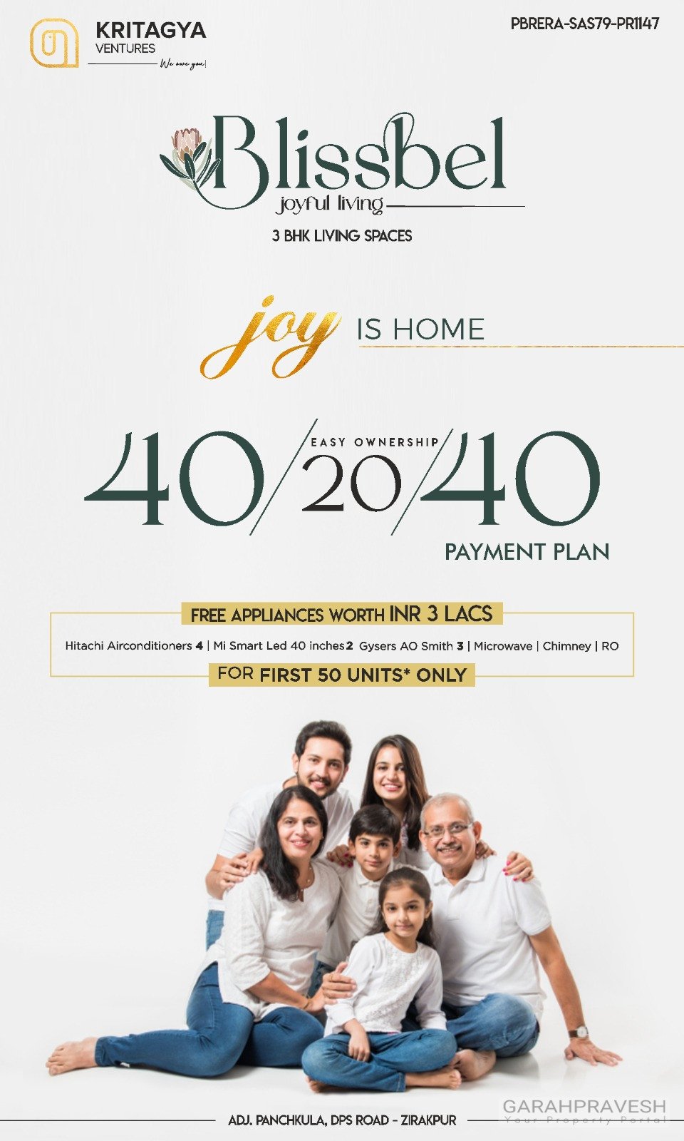 Blissbel Joyful Living Zirakpur – Luxury 3 BHK flats by Kritagya Ventures with 40:20:40 payment plan and free appliances near Panchkula.