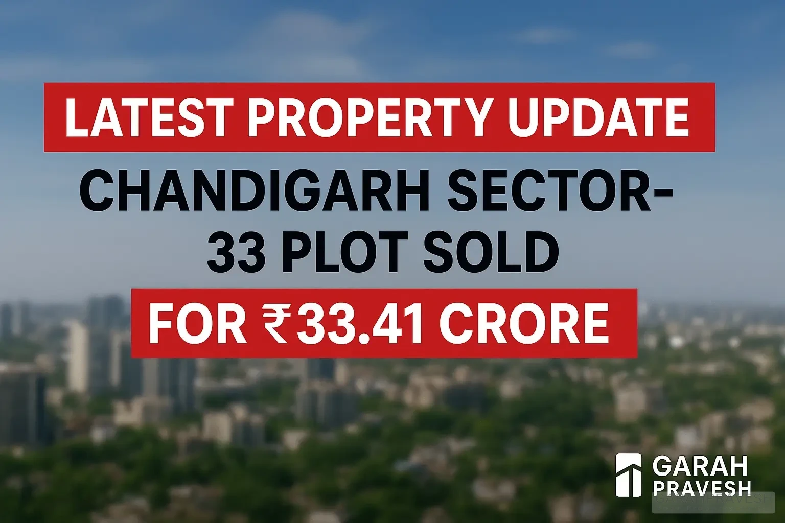 Latest property update: Sector-33 Chandigarh plot sold for ₹33.41 crore, record-breaking auction news with Garah Pravesh branding and city background.