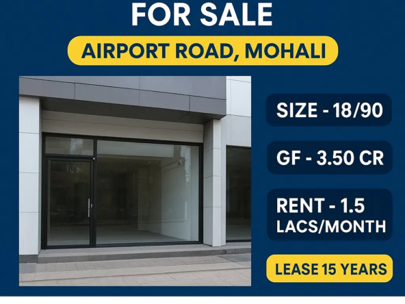 Pre-leased showroom for sale on Airport Road Mohali with first floor price 3.50 Cr, rent 1.5 lacs per month, 15-year lease, ready to move, RERA approved, contact Garah Pravesh 7087949434