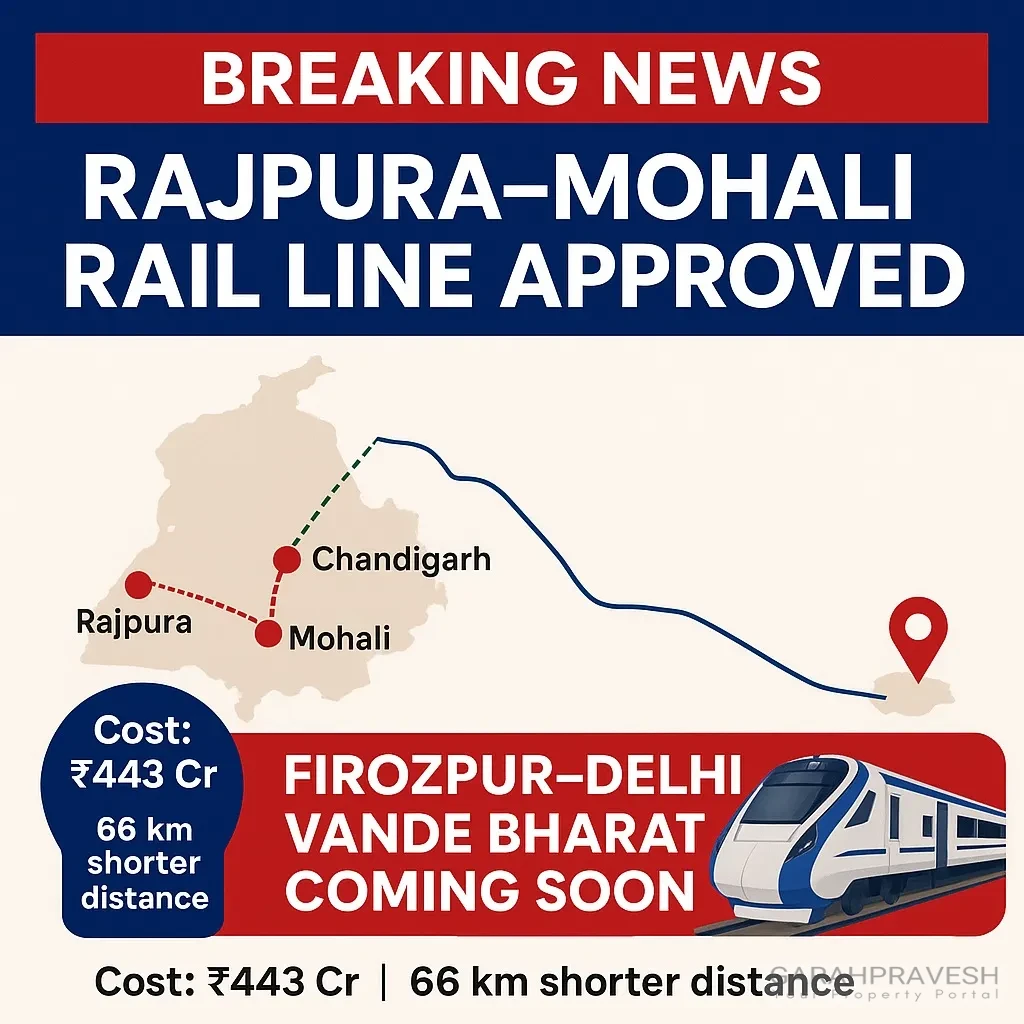Rajpura–Mohali new railway line approved with ₹443 crore project cost, reducing Chandigarh–Ambala distance by 18 km and bringing Firozpur–Delhi Vande Bharat Express soon – Punjab rail news update.