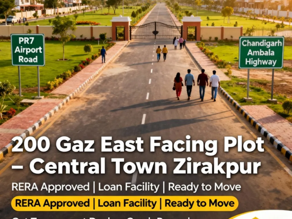 200 Gaz East Facing RERA Approved Plot for Sale in Central Town Zirakpur with wide roads, green parks, gated society, clubhouse, temple, and dual connectivity via Chandigarh Ambala Highway and PR7 Airport Road – Get transparent deals with Garah Pravesh 7087949434.