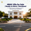 Luxury 4BHK independent villa for sale in Derabassi with modern architecture, lush green surroundings, and text overlay showing ready-to-move offer, immediate possession, and Garah Pravesh contact number 7087949434.