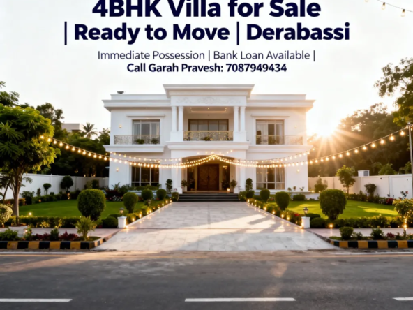 Luxury 4BHK independent villa for sale in Derabassi with modern architecture, lush green surroundings, and text overlay showing ready-to-move offer, immediate possession, and Garah Pravesh contact number 7087949434.