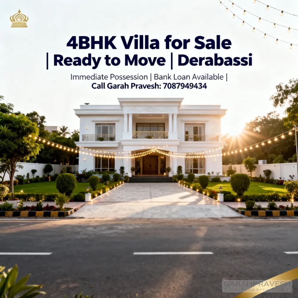 Luxury 4BHK independent villa for sale in Derabassi with modern architecture, lush green surroundings, and text overlay showing ready-to-move offer, immediate possession, and Garah Pravesh contact number 7087949434.