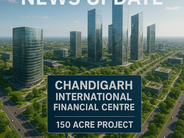 Aerial view of Chandigarh’s upcoming 150-acre International Financial Centre inspired by Gujarat’s GIFT City, showing modern skyscrapers and green urban design.