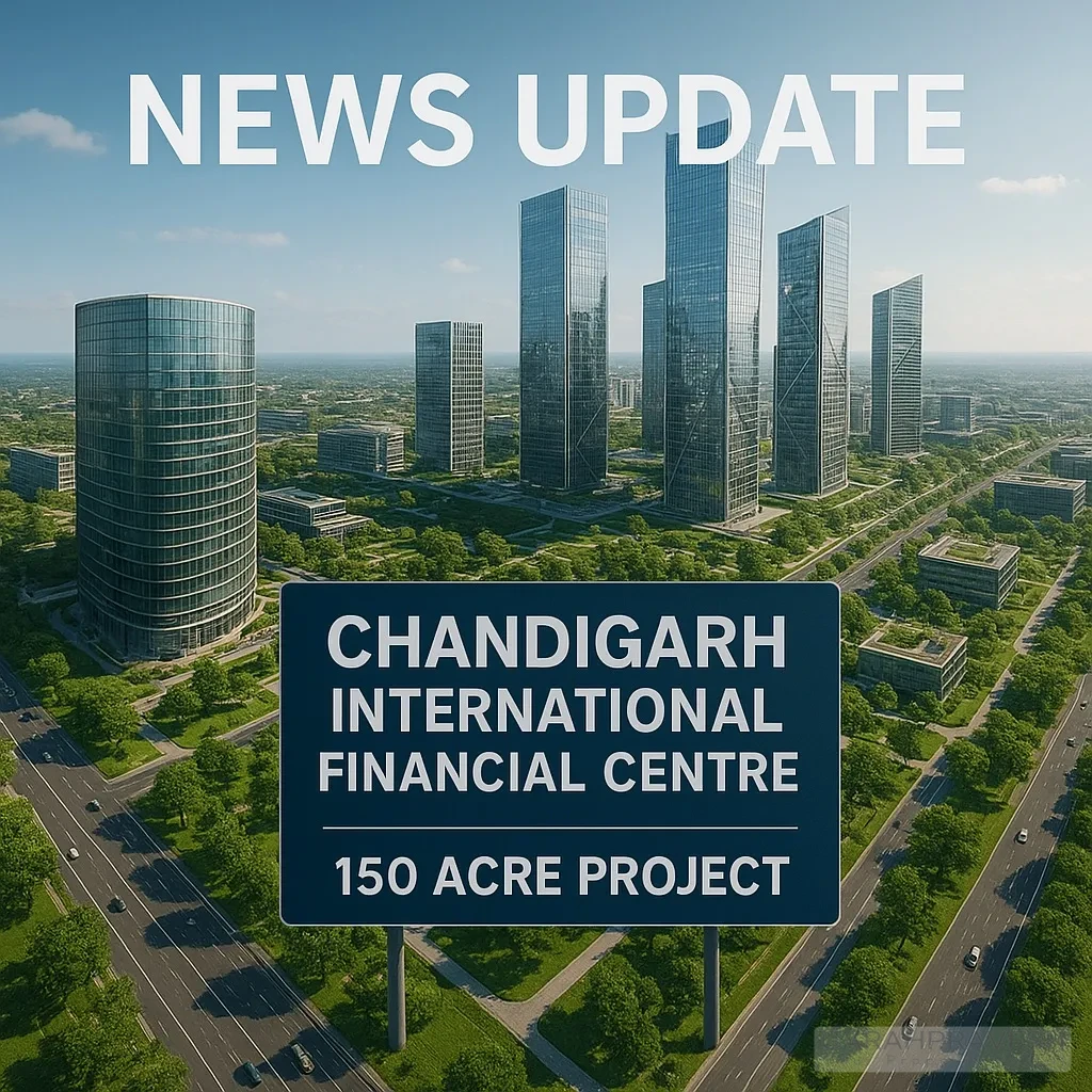 Aerial view of Chandigarh’s upcoming 150-acre International Financial Centre inspired by Gujarat’s GIFT City, showing modern skyscrapers and green urban design.