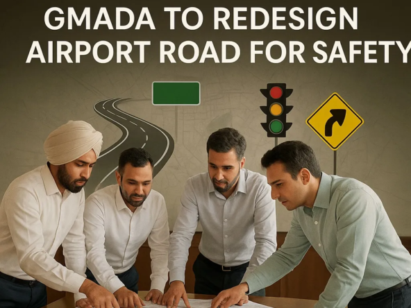 GMADA officials reviewing Airport Road redesign plans during a meeting, with digital graphics of highways, traffic lights, and signage, published by Garah Pravesh for news update on Mohali traffic safety.