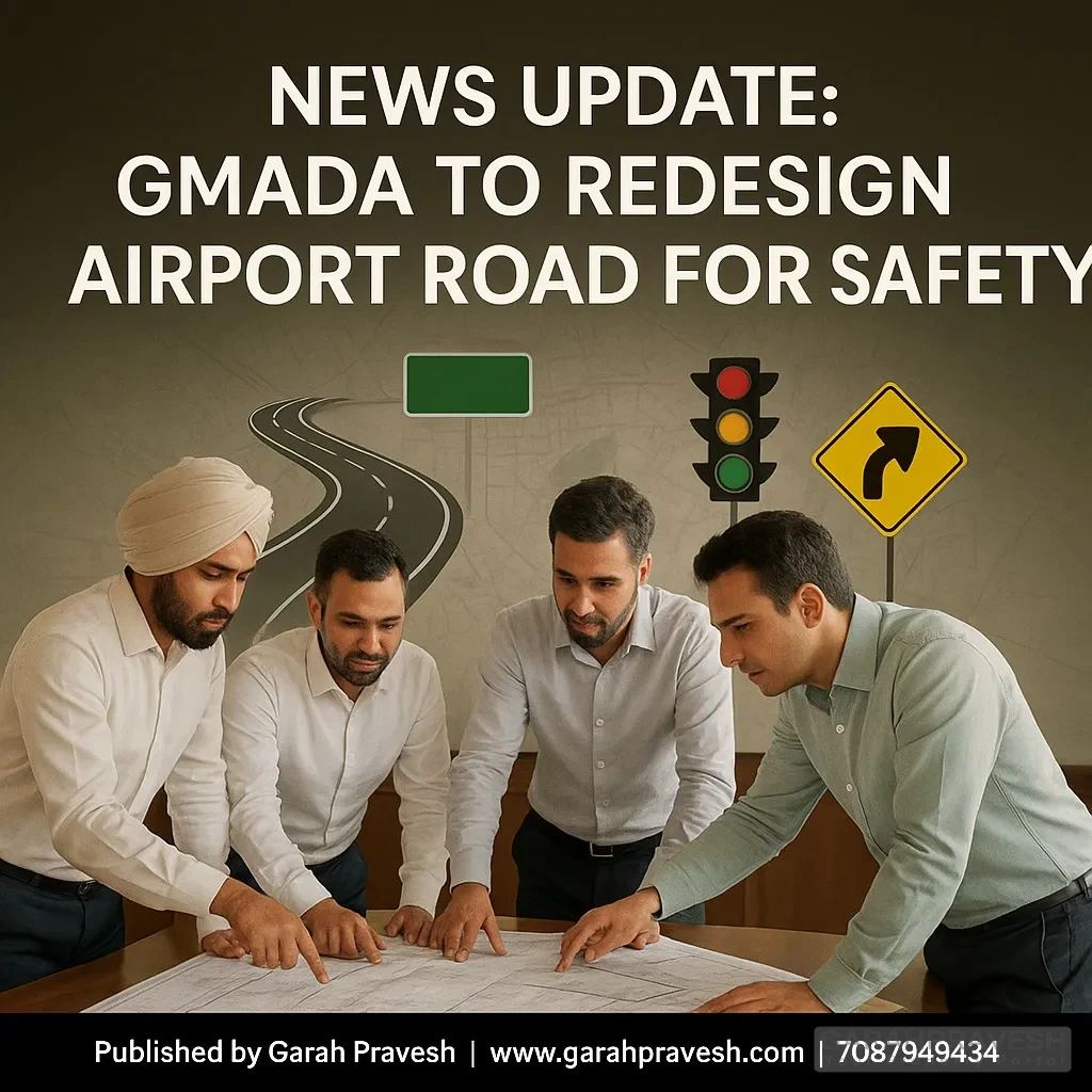 GMADA officials reviewing Airport Road redesign plans during a meeting, with digital graphics of highways, traffic lights, and signage, published by Garah Pravesh for news update on Mohali traffic safety.