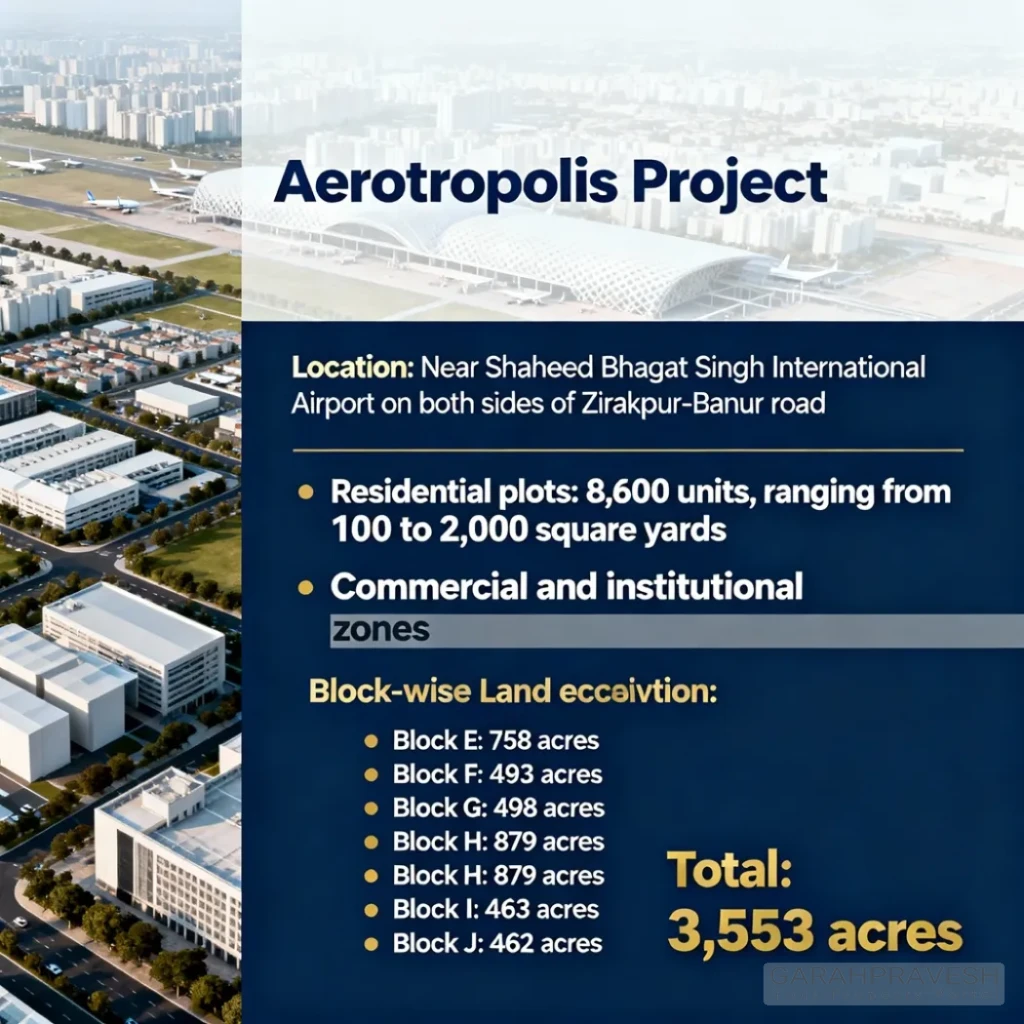Mohali Aerotropolis Project land acquisition infographic showing 3,553 acres in Blocks E to J under the 2013 Land Act with residential plots and block-wise details.