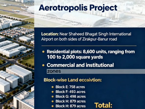 Mohali Aerotropolis Project land acquisition infographic showing 3,553 acres in Blocks E to J under the 2013 Land Act with residential plots and block-wise details.