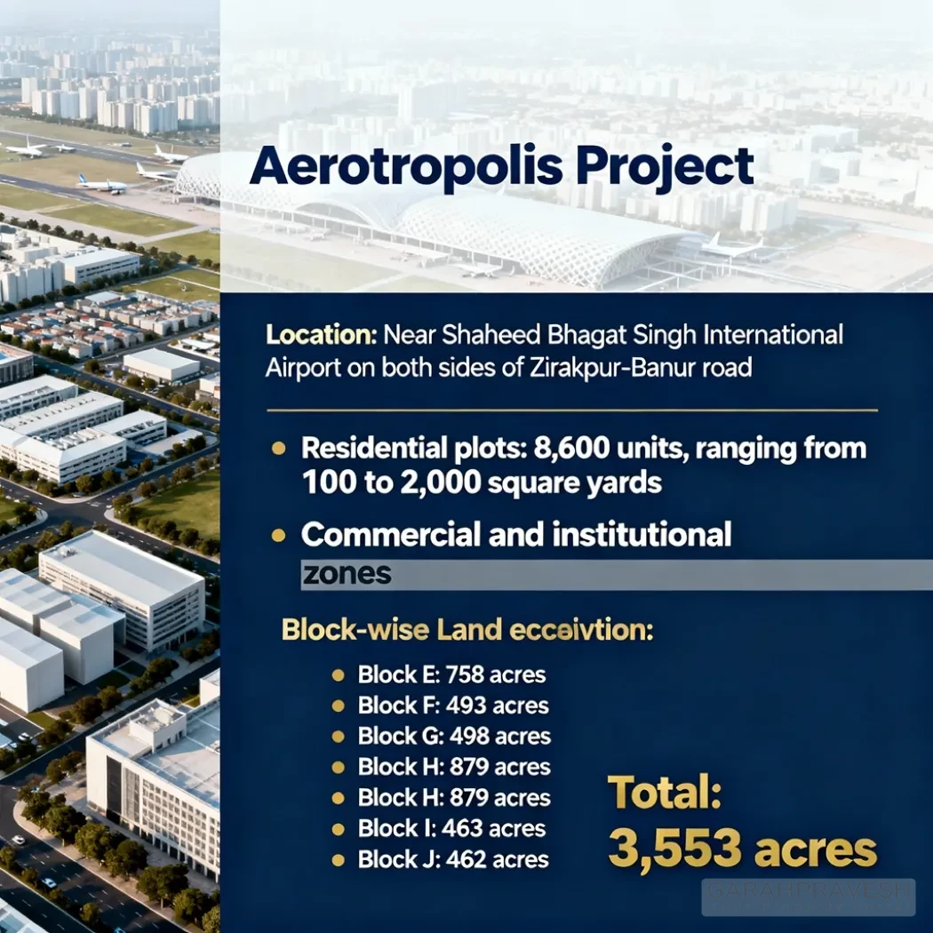 Mohali Aerotropolis Project land acquisition infographic showing 3,553 acres in Blocks E to J under the 2013 Land Act with residential plots and block-wise details.