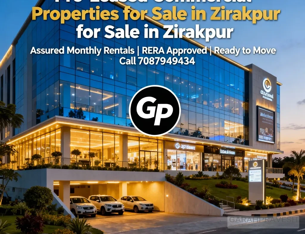 Modern pre-leased commercial property building for sale on Chandigarh Ambala Highway Zirakpur by Garah Pravesh – RERA approved, ready to move with assured rental income.