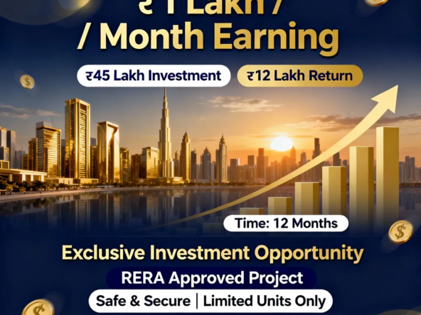 Exclusive RERA approved real estate investment opportunity with ₹45 lakh investment, ₹12 lakh return in 12 months, and ₹1 lakh monthly earning.