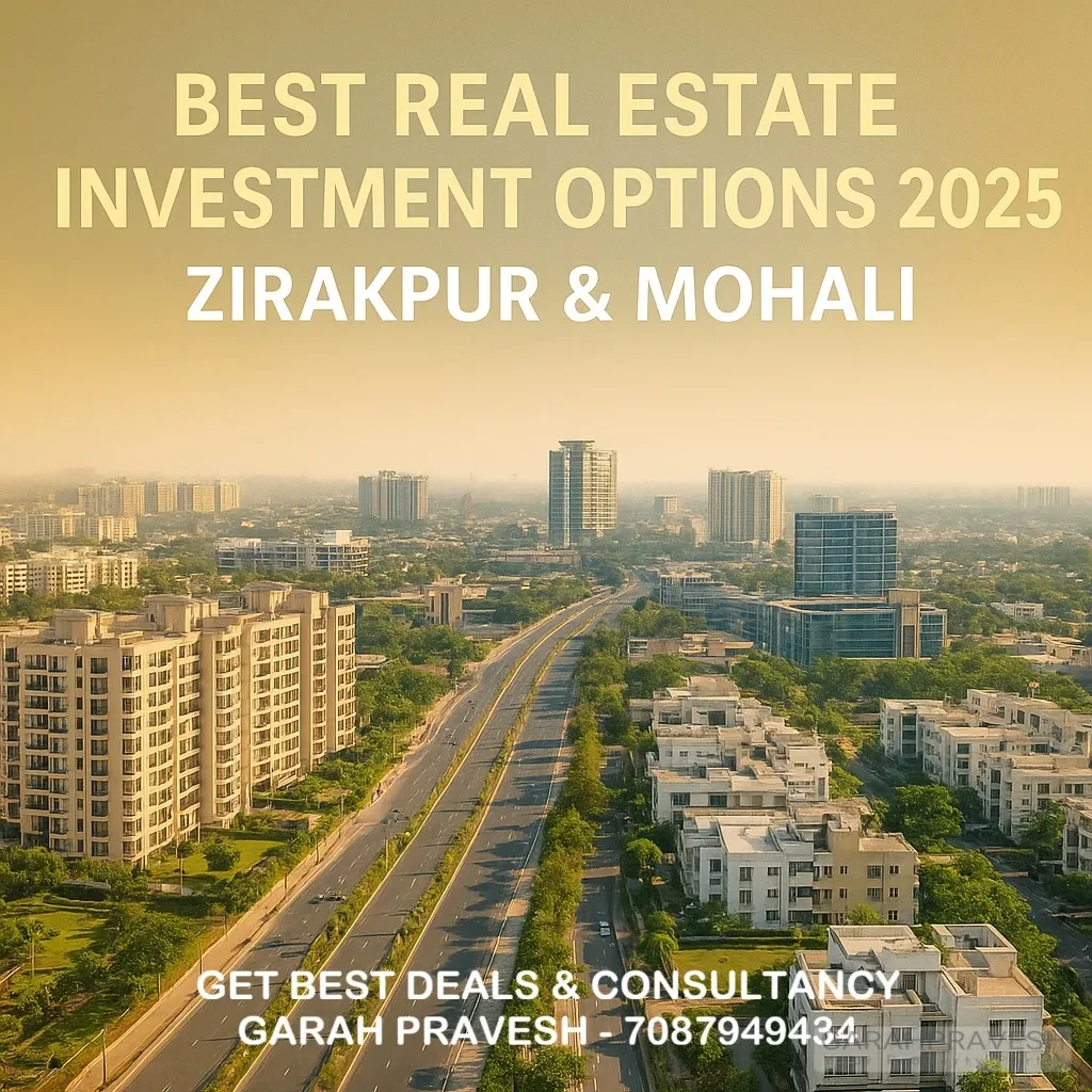 Aerial view of Zirakpur and Mohali showcasing luxury apartments, gated societies, and commercial hubs on Airport Road – best real estate investment options 2025.