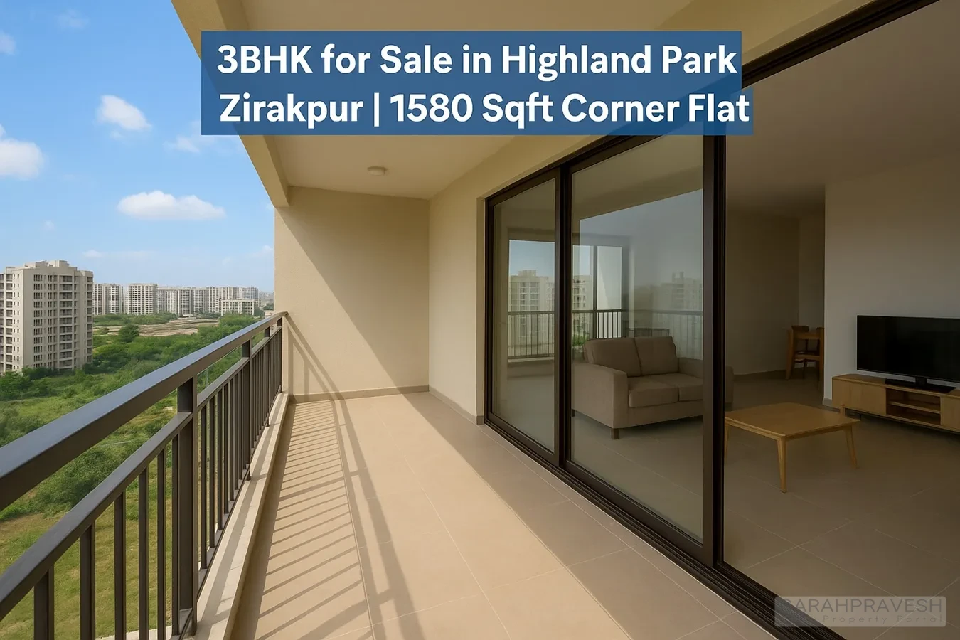 Premium 3BHK 1580 sqft corner flat for sale in Highland Park Zirakpur with wide balcony, higher-floor view, full sunlight, and top-class amenities