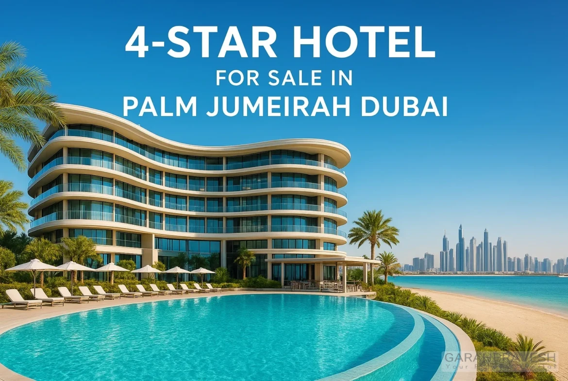 “Luxury 4-star hotel for sale in Palm Jumeirah Dubai with modern architecture, rooftop pool, Arabian Gulf views, and bright premium beachfront setting.”