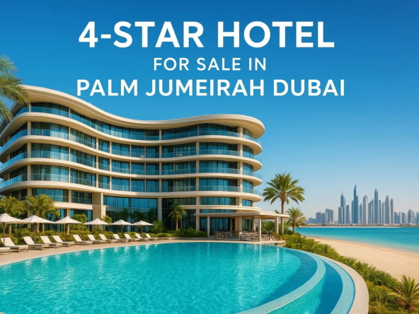 “Luxury 4-star hotel for sale in Palm Jumeirah Dubai with modern architecture, rooftop pool, Arabian Gulf views, and bright premium beachfront setting.”