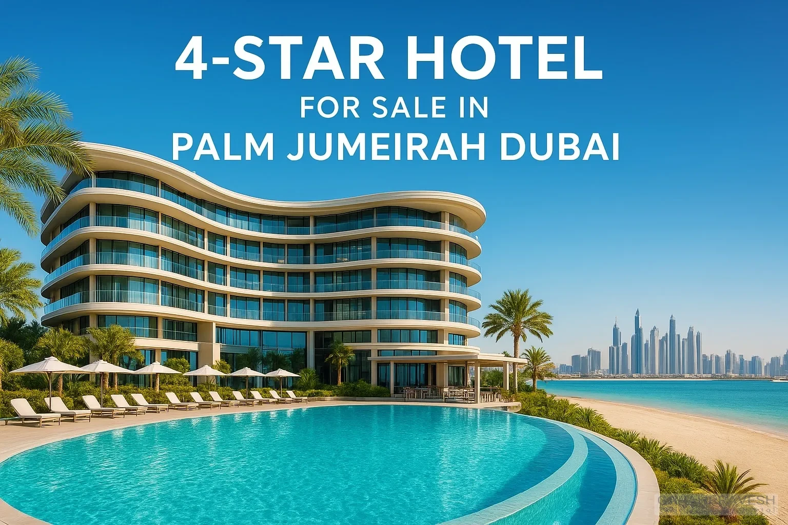“Luxury 4-star hotel for sale in Palm Jumeirah Dubai with modern architecture, rooftop pool, Arabian Gulf views, and bright premium beachfront setting.”