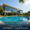 Daytime view of 5-star luxury hotel and resort for sale in Delhi NCR, featuring modern architecture, blue pool, and Garah Pravesh branding with contact details for premium real estate deals.