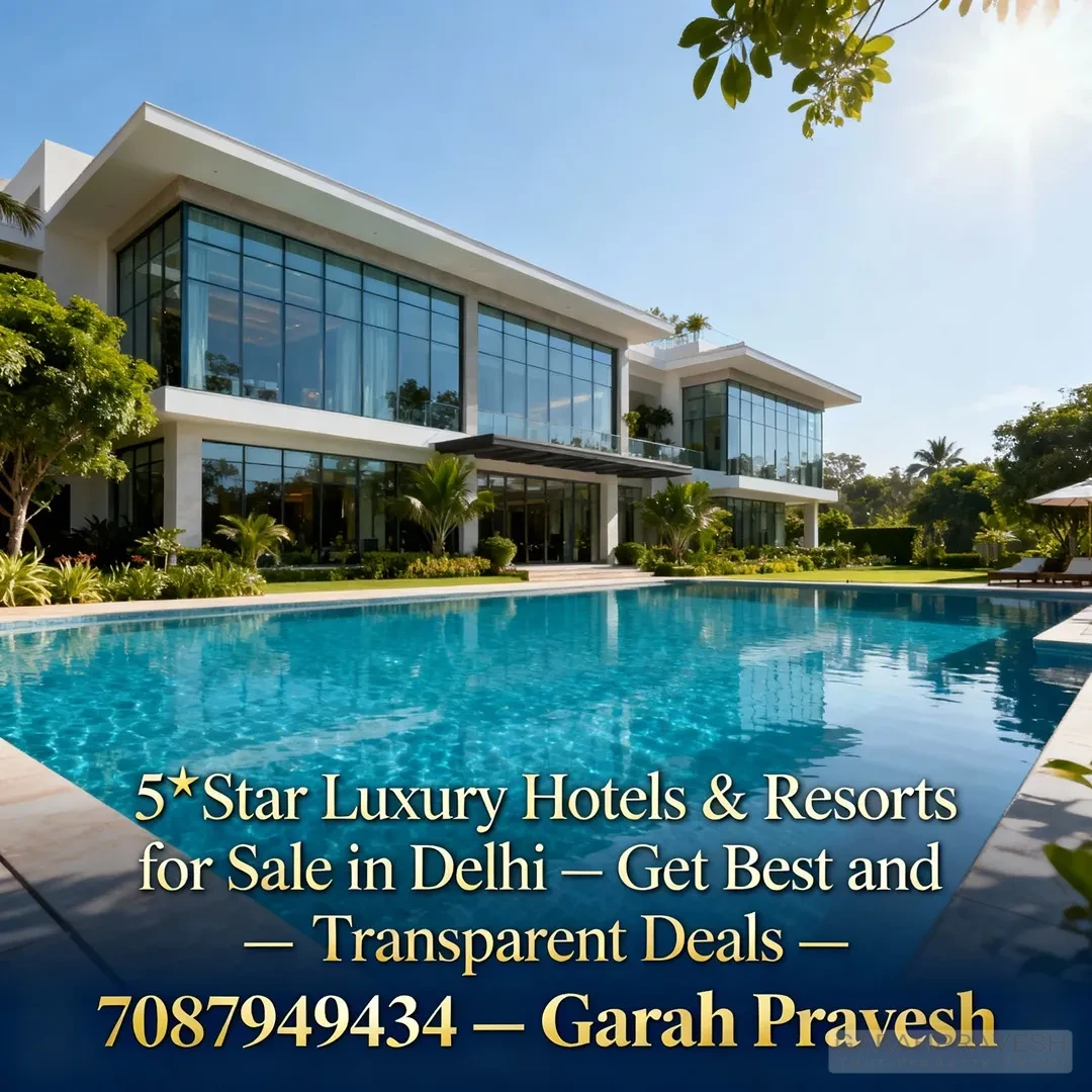 Daytime view of 5-star luxury hotel and resort for sale in Delhi NCR, featuring modern architecture, blue pool, and Garah Pravesh branding with contact details for premium real estate deals.