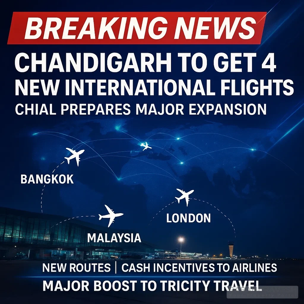 Breaking News graphic announcing Chandigarh Airport’s four new international flights to Bangkok, Malaysia, London, and Singapore, featuring world map, aircraft icons, and CHIAL expansion highlights.