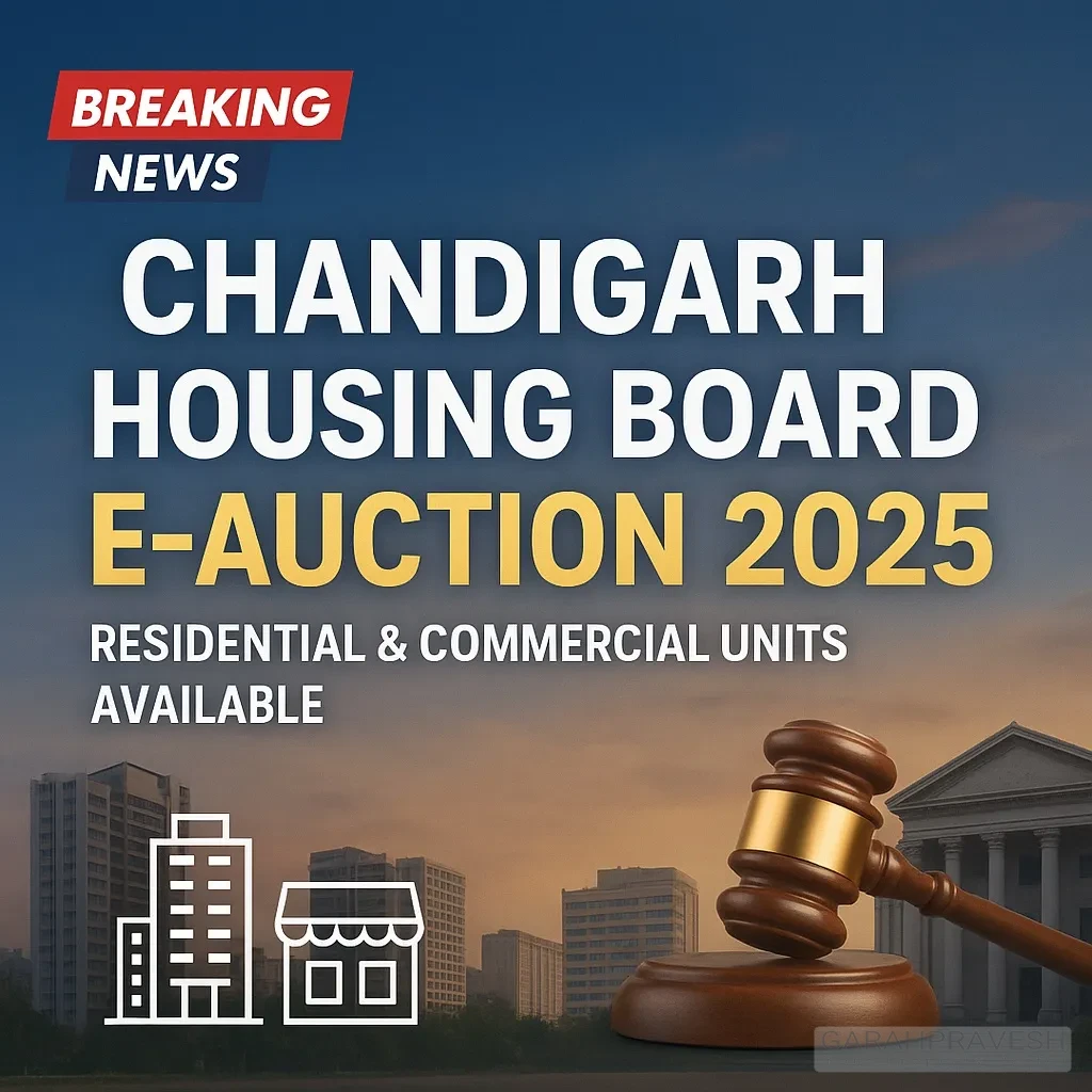 Featured breaking news graphic announcing the Chandigarh Housing Board E-Auction 2025 for residential and commercial units, with Chandigarh skyline, auction gavel, icons of buildings, and bold text stating availability.