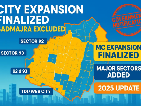 right infographic map showing Mohali and New Chandigarh Municipal Corporation expansion with highlighted sectors 92, 93, 94, 81–83, 88, TDI/Web City and text ‘City Expansion Finalized – Badmajra Excluded’ for 2025 update.