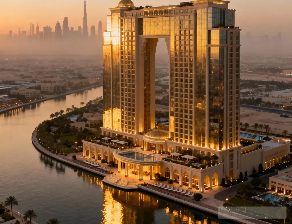 Ultra-luxurious 5-star hotel tower in Dubai Business Bay overlooking the canal, showcasing grand architecture, elegant lighting, and premium investment appeal