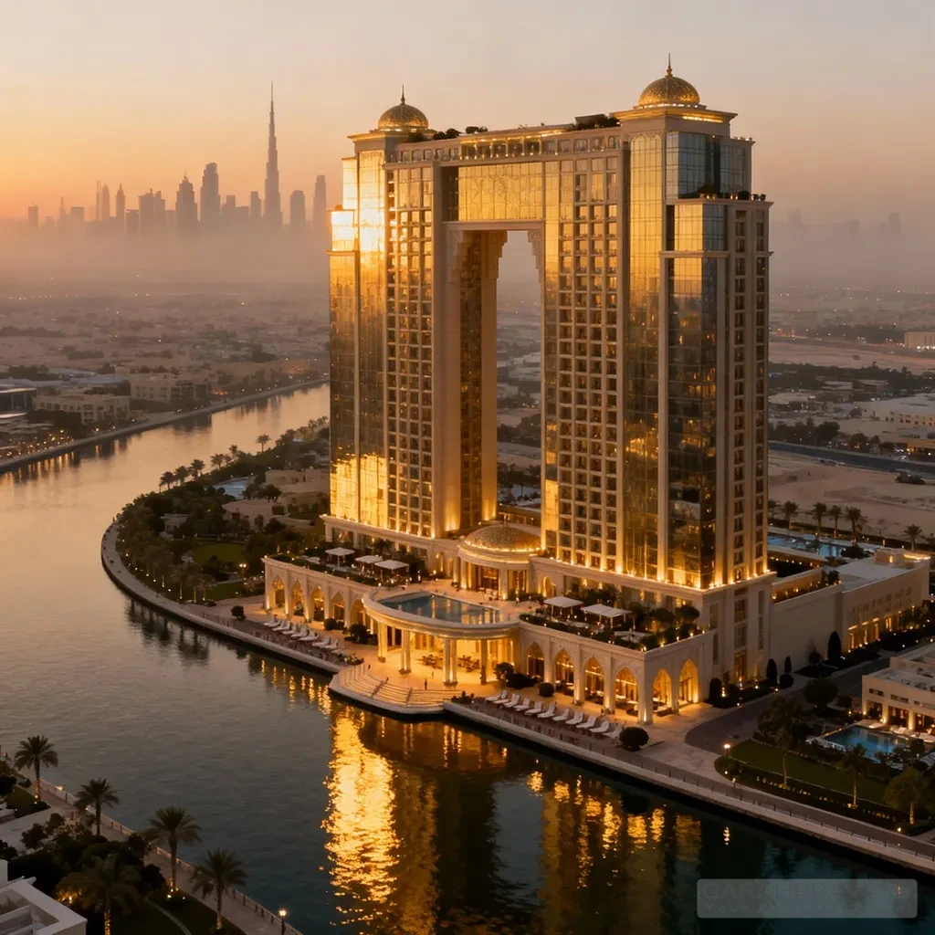 Ultra-luxurious 5-star hotel tower in Dubai Business Bay overlooking the canal, showcasing grand architecture, elegant lighting, and premium investment appeal