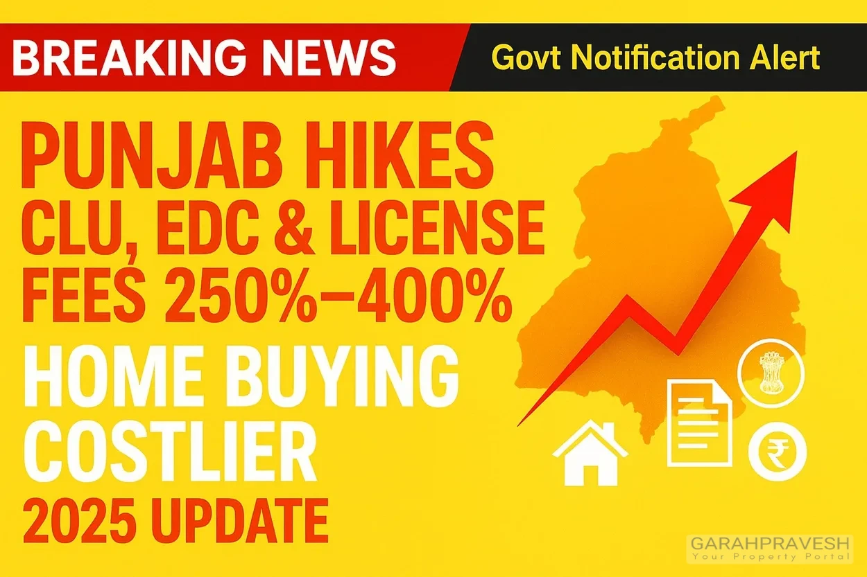 Breaking news graphic showing Punjab’s CLU, EDC, and License Fee hike of 250%–400% with red alert banner, upward price graph, Punjab map outline, and home buying costlier 2025 update.
